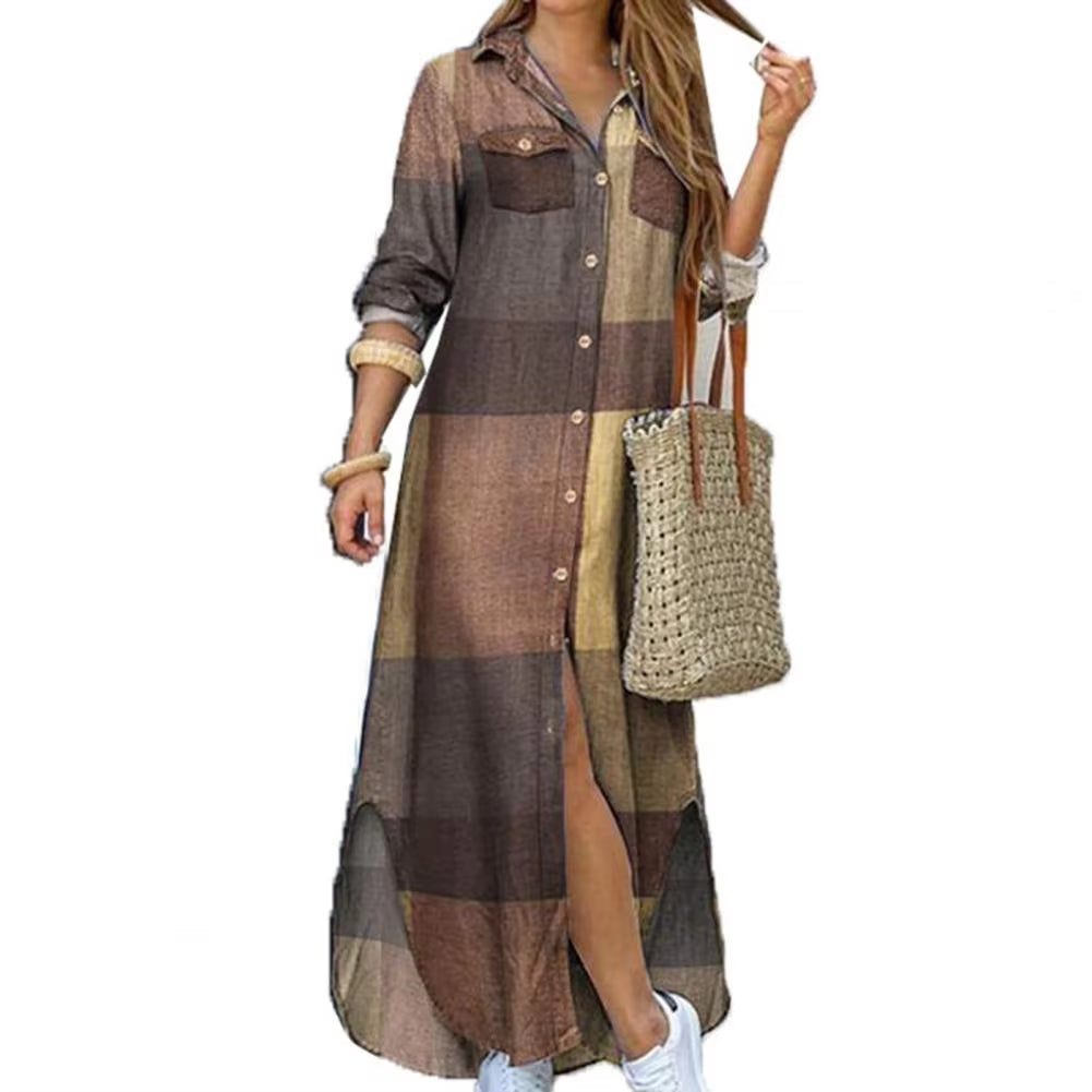 New Autumn Casual Fashion Women Dress Single-Breasted Long Sleeve Printed Loose Maxi 