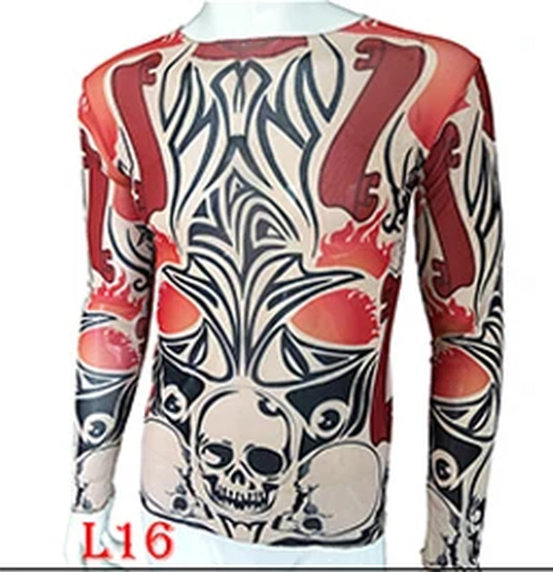 Fashion Men'S Fake Tattoo T-Shirts Long Sleeve Elastic Modal Thin All over Print O-Neck Tattoo Shirts Women Halloween Clothing