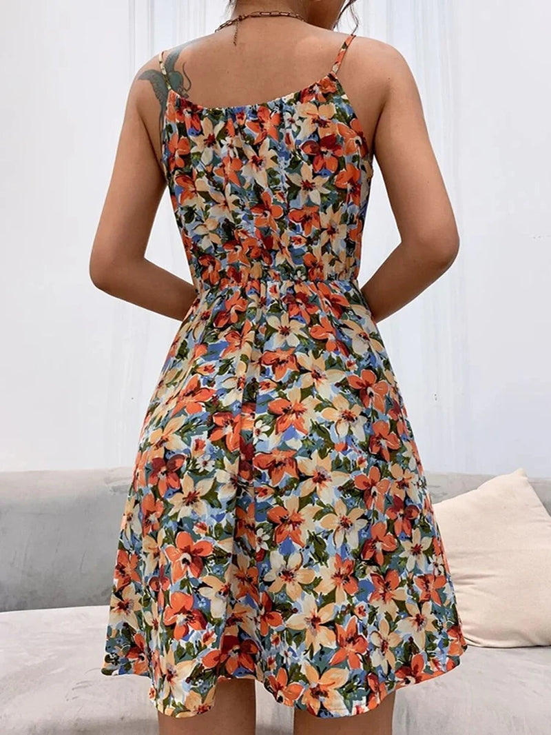 Elegant Floral Print Backless Sundress for Women - Summer Casual Sleeveless Lace-Up Beach Dress 2024