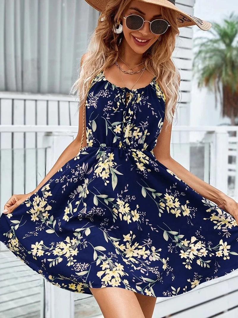 Elegant Floral Print Backless Sundress for Women - Summer Casual Sleeveless Lace-Up Beach Dress 2024