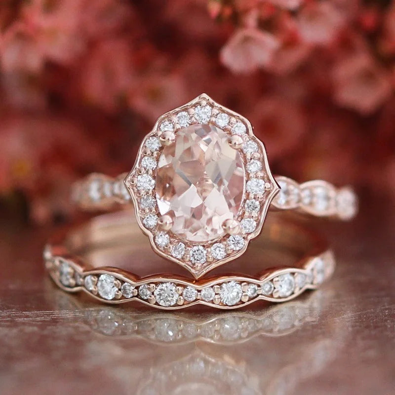 Austrian Oval Crystal CZ Rings Set for Women Wedding Trendy Rose Gold Color Jewelry Finger Fashion Love Gifts Ring