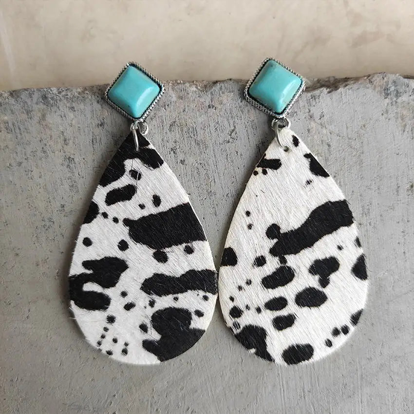 Square Turquoise and Genuine Cowhide Leather Teardrop Drop Earrings for Women Every Day Earrings Accessories Jewelry