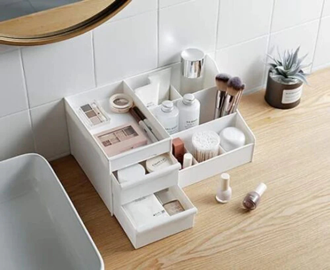 "Elegant Makeup Organizer with Drawers - Perfect Bathroom Skincare Storage Solution!"