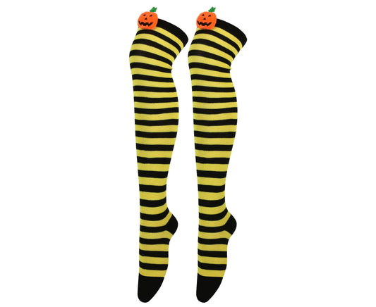 1 Pair Halloween Stockings over the Knee Pumpkin Striped Soft Keep Warm High Elasticity Solid Color Winter Thigh Socks for Halloween Party-Yellow - Yellow