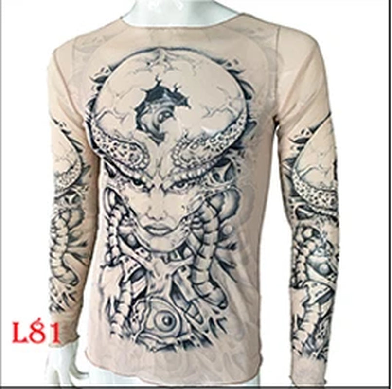 Fashion Men'S Fake Tattoo T-Shirts Long Sleeve Elastic Modal Thin All over Print O-Neck Tattoo Shirts Women Halloween Clothing