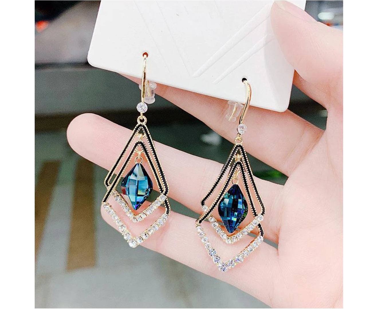 "Stunning Blue Double Layer Rhinestone Earrings – Sparkling Electroplated Hook Design for Elegant Banquets"