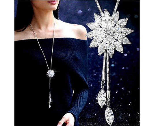 Rhinestone Lotus Pendant Long Necklace Ladies Sweater Chain Necklace